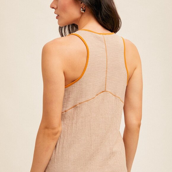 HEM & THREAD Tan Henley Tank Top with Orange Trim, Button Front Detail, Casual - Picture 4 of 4